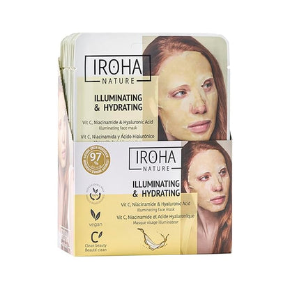 IROHA NATURE Brightening & Hydrating Face Mask with Pure Vitamin C and Hyaluronic Acid (Pack of 15) | Illuminates & Hydrates | Instant Results in 15 Minutes | 100% Biodegradable