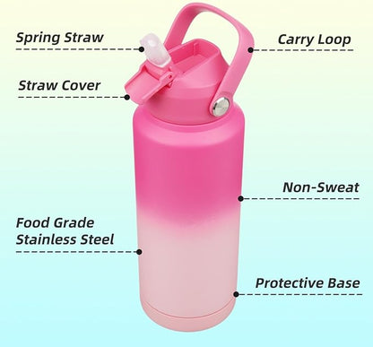 Insulated Water Bottle with Straw Lid,32 oz Stainless Steel Vacuum Metal Bottle with Silicone Handle,Cherry Blossom