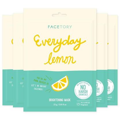 FACETORY K Beauty Face Mask Skin Care - Everyday LEMON Brightening Sheet Mask | Plant-Based with Lemon Extract (5 Pack)