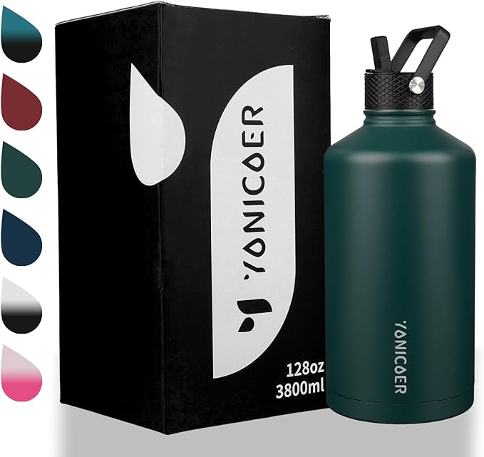 Insulated Water Bottle 64oz,Triple Wall Vacuum Stainless Steel(Dishwasher Safe),Leak Proof & Non-BPA,Flask Jug with Paracord Handle & Straw Spout Lids Sports