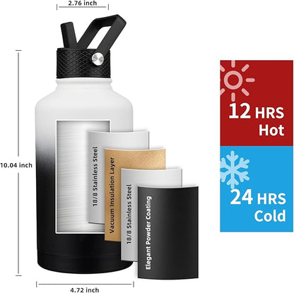 Insulated Water Bottle 64oz,Triple Wall Vacuum Stainless Steel(Dishwasher Safe),Leak Proof & Non-BPA,Flask Jug with Paracord Handle & Straw Spout Lids Sports