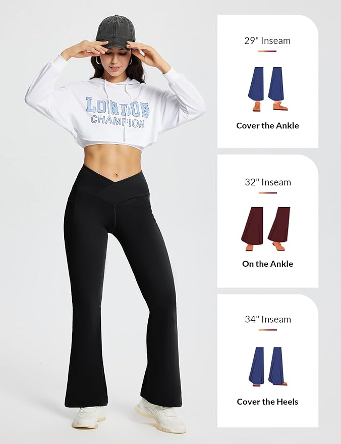 baleaf Women's V Crossover Flare Leggings with Pockets Yoga Pants High Waist Casual Workout Gym Bell Bottom Leggings