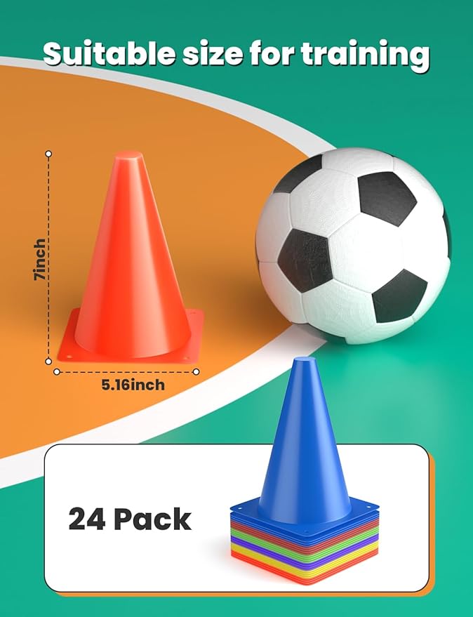 GHB Soccer Cones 7" 9" of 12 24 Pack Disc Soccer Sport Cones Training Field Marker Agility Cones for Basketball, Coaching, Practice Equipment Includes Drills Guide