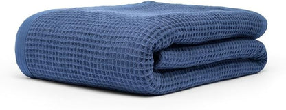 GOTS Certified Organic Cotton Waffle Weave Blanket, King Bed Size,108"X90" Cozy Throw Blanket for Couch, Modern Home Decor, Throw Blankets,Comfy Waffle Blanket Soft Bed Blankets-Navy Blue