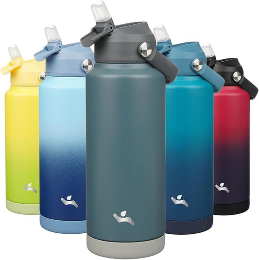 Insulated Water Bottle with Straw Lid,32 oz Stainless Steel Vacuum Metal Bottle with Silicone Handle,Dark Gray