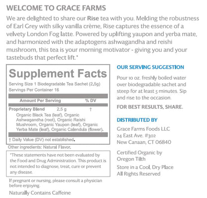 Grace Farms RISE Wellness Organic Tea Blend (100 Enveloped Pyramid Sachets w/ String & Tag) | Morning Energy & Focus | Earl Grey Crème with Adaptogenic Mushrooms and Ashwagandha | Fairtrade and Kosher | Gives Back 100% of Profits