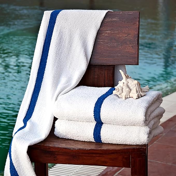 Blue Center Stripe 120 Bulk Towels (22x44) – Economical Soft & Absorbent Bulk Pool Towels for Hotels - Lightweight & Quick Drying White Bath Towels Bulk for Gym & Salon - Durable & Fade Resistant