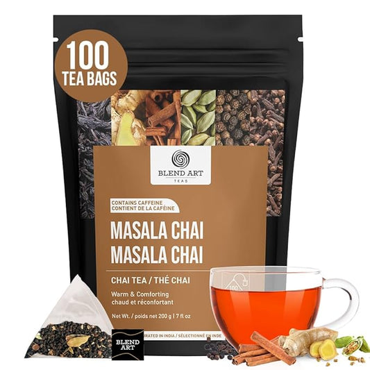 Blendart India's Original Masala Chai Tea bags 100 Count | Eco- Conscious Tea Bags | Premium Assam Black Tea | Ginger and Cardamom Flavour | Whole Loose leaf Tea bags | Indian Spiced Chai Tea Bags