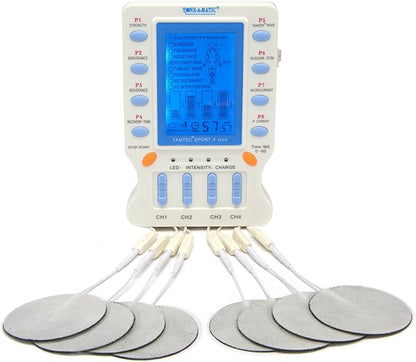 Electronic Muscle Stimulator – TAMTEC SPORT 4 TENS EMS Unit – Microcurrent, Interferential IFC, Russian Stim, ARP Recovery – Pain Relief, Muscle Building & Toning – Portable 4-Ch Electrotherapy Device