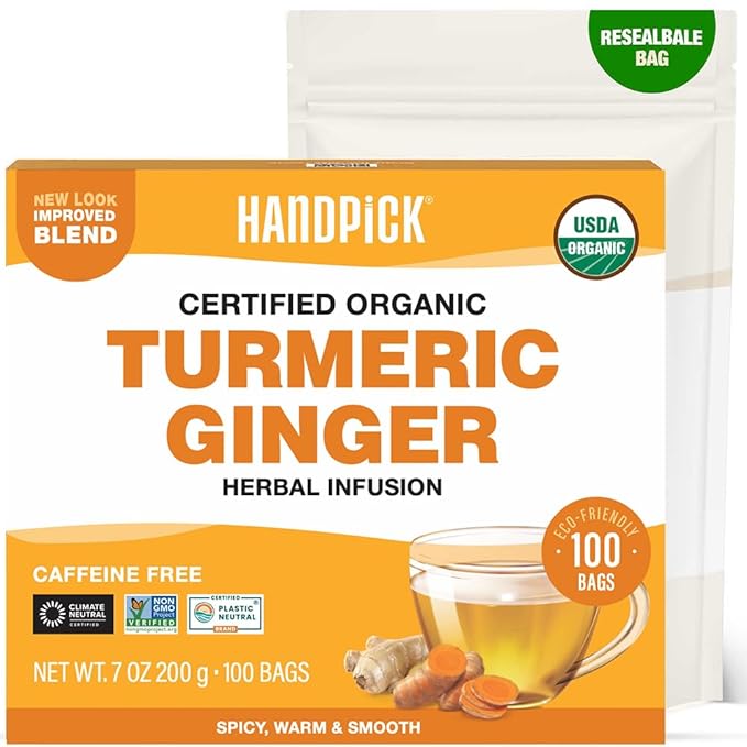 HANDPICK, Organic Turmeric Ginger Tea, 100 Eco-Conscious Tea Bags | Caffeine Free, Gluten Free, Non-GMO | 100% Pure Herbal Blend - Savory & Spicy