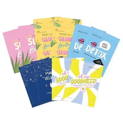 FACETORY Collection Facial Mask Set - Hydrating, Purifying, Soothing, Moisturizing, and Revitalizing - Soft, Form-Fitting Face Masks, For All Skin Types - No Sulfates No Parabens (10 pc)