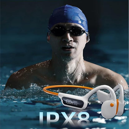 IHAO Swimming Headphones True Bone Conduction Open Ear Headset MP3 Player Built-in 32G Memory IP68 Underwater Waterproof Stereo Bluetooth Earphone for Driving Bicycling Running Skiing-X10 White