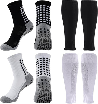 2 Set Anti-Slip Grip Soccer Socks with Shin Guard Sleeves, Sports Athletic Socks for Men Women