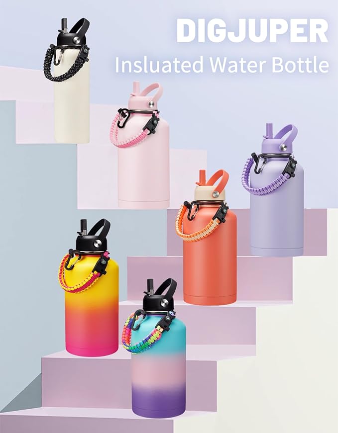 Half-gallon Insulated Water-Bottle with Straw - Stainless Steel Thermo Jug with Spout Straws Lids, Paracord Handle & Bottle Sleeve, 64OZ Vacuum Thermo Water Bottle for Camping Trip