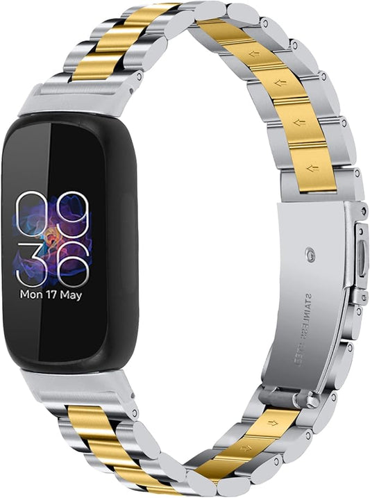 Stainless Steel Band Compatible with Fitbit Inspire 3, Adjustable Metal Watch Bands Bracelets，Wristband Replacement for Women Men(Silver-Gold)