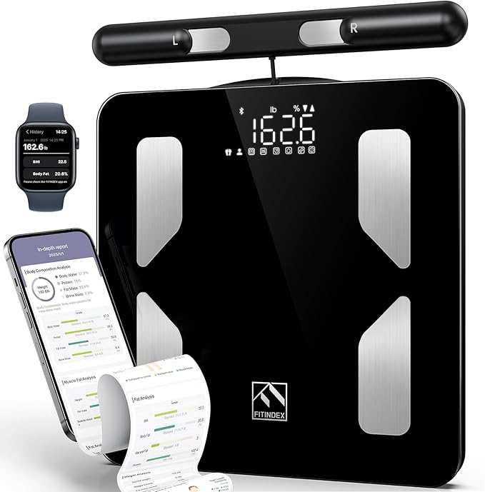 FITINDEX Body Composition Scale for Body Weight, Smart 8-Electrodes with BMI, Body Fat, Muscle Mass, 50 Composition Measurements, Bluetooth