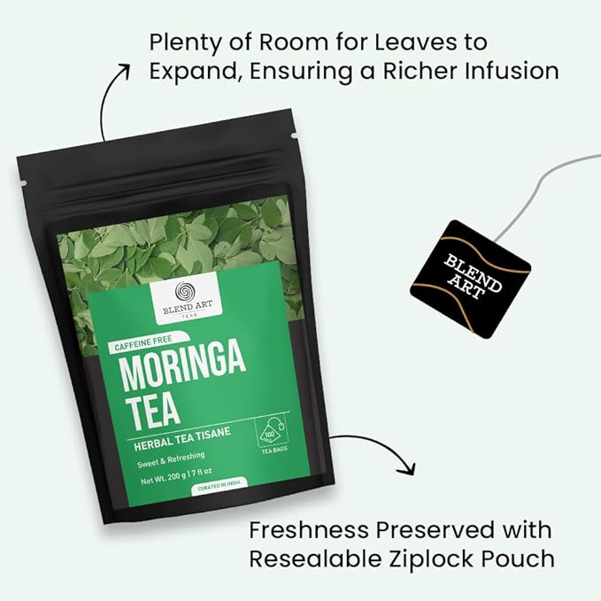Blendart Moringa Tea Bags (100 Count) Caffeine Free, Pure Moringa Leaves | Sweet and Light Herbal Tea Bags