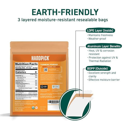 HANDPICK, Organic Turmeric Powder with Curcumin (397g/14oz) Gluten Free | Made from Turmeric Root | Raw Turmeric Powdered from India
