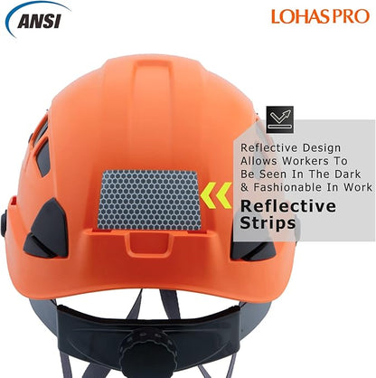 Hard Hats Construction Safety Helmet with Visor ANSI Z89.1 Approved OSHA Hardhat, LOHASPRO Vented Men Work Hard Hat with Chin Strap Tree Climbing Arborist Helmet (P4 Orange+Smoked Visor)
