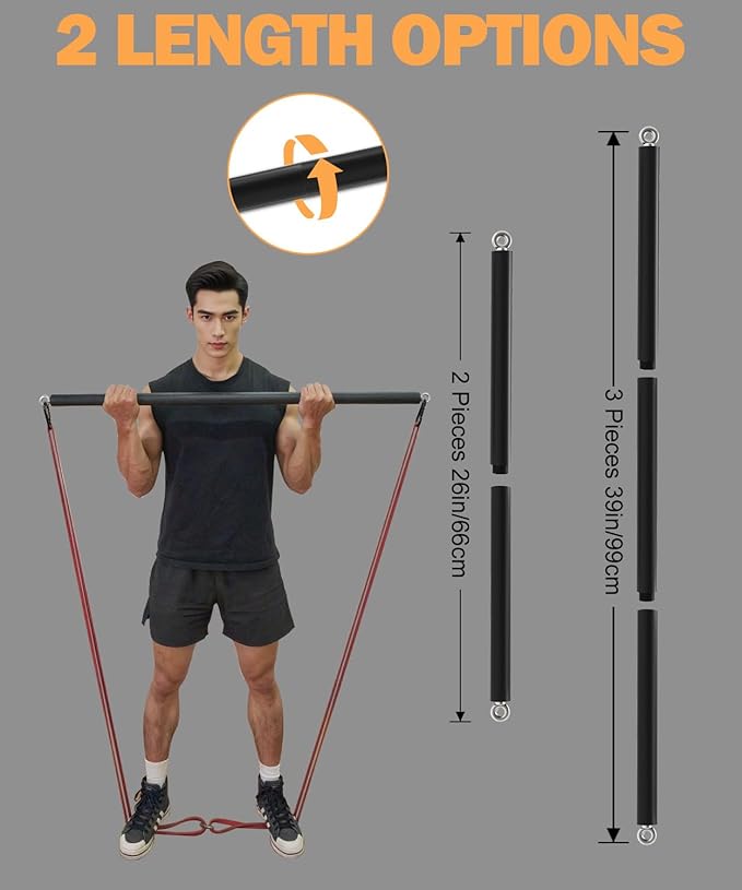 Fitarc Resistance Band Bar Pilates Bar Weighted Bars for Exercise Strength Training Home Gym Fitness Resistance Bar - Adjustable 39" to 26"