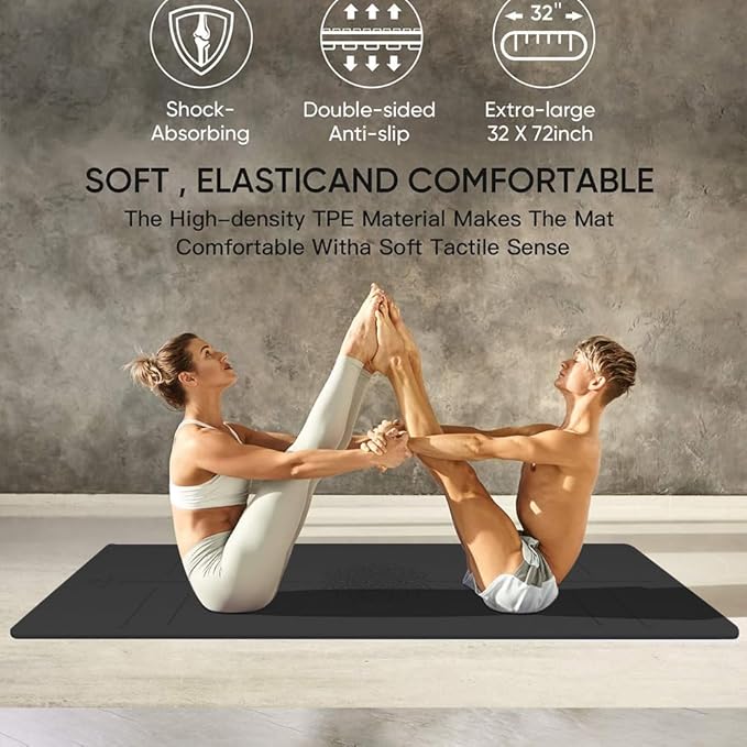 Yoga Mat Non Slip TPE Extra Wide Yoga Mat with Alignment Mark, 72"L x 32"W x 0.32"/0.24"Th (183cm x 81cm x 8mm/6mm), Anti-Tear Exercise Mat with Carrying Strap and Bag, Workout Mats for Yoga, Pilates