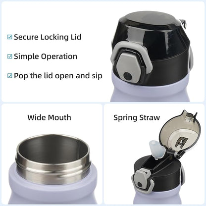 Insulated Water Bottle with Straw and Carry Loop,18 oz Stainless Steel Double Wall Vaccum Metal Water Flask with Leak-proof Lid,Light Purple