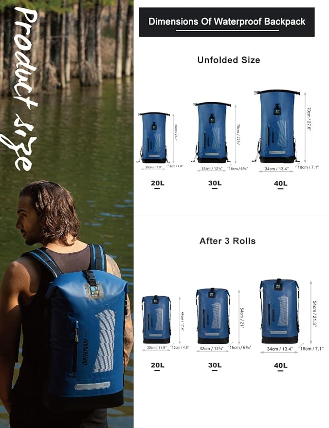 IDRYBAG Waterproof Backpack for Men 20L/30L/40L, Floating Dry Bag Kayak, Dry Backpack Hiking