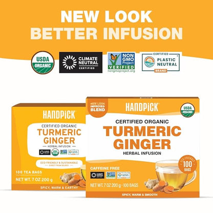 HANDPICK, Organic Turmeric Ginger Tea, 100 Eco-Conscious Tea Bags | Caffeine Free, Gluten Free, Non-GMO | 100% Pure Herbal Blend - Savory & Spicy