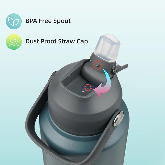 Insulated Water Bottle with Straw Lid,32 oz Stainless Steel Vacuum Metal Bottle with Silicone Handle,Dark Gray