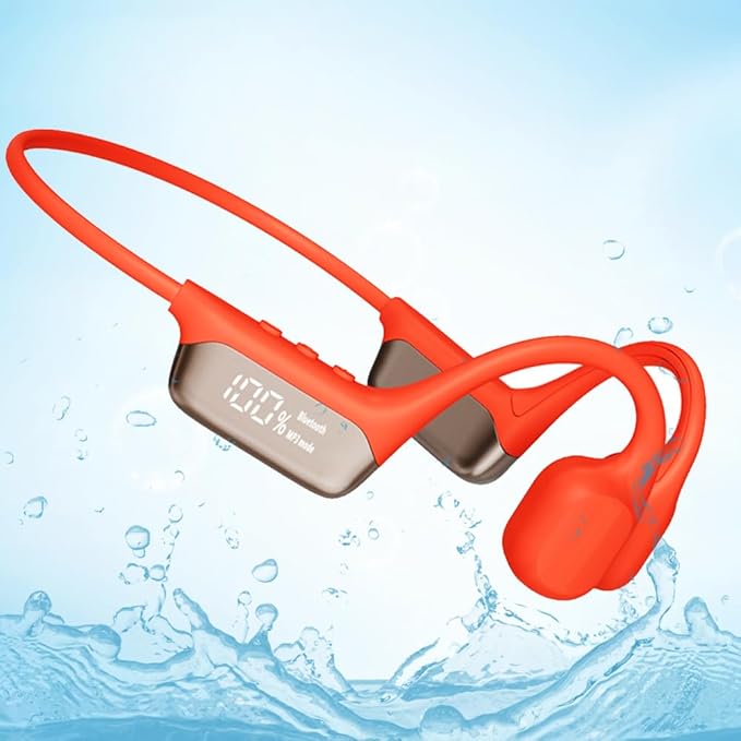 IHAO Swimming Headphones True Bone Conduction Open Ear Headset MP3 Player Built-in 32G Memory IP68 Underwater Waterproof Stereo Bluetooth Earphone for Driving Bicycling Running Skiing-Red