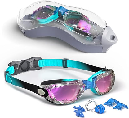 Kids Swim Goggles, Swimming Goggles for Kids with Nose Clip, Earplugs, Nose Bridge for Age 3-15