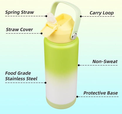 Insulated Water Bottle with Straw Lid,24 oz Stainless Steel Vacuum Metal Bottle with Silicone Handle,GreenWhite