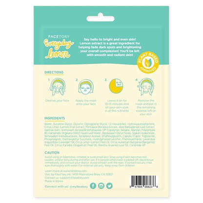 FACETORY K Beauty Face Mask Skin Care - Everyday LEMON Brightening Sheet Mask | Plant-Based with Lemon Extract (10 Pack)