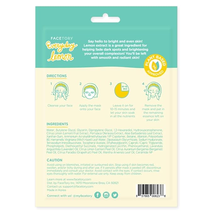 FACETORY K Beauty Face Mask Skin Care - Everyday LEMON Brightening Sheet Mask | Plant-Based with Lemon Extract (5 Pack)