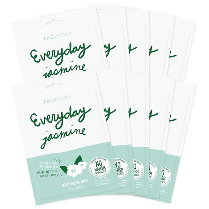 FACETORY K Beauty Face Mask Skin Care - Everyday JASMINE Moisturizing Sheet Mask | Plant-Based with Jasmine Infusion (10 Pack)