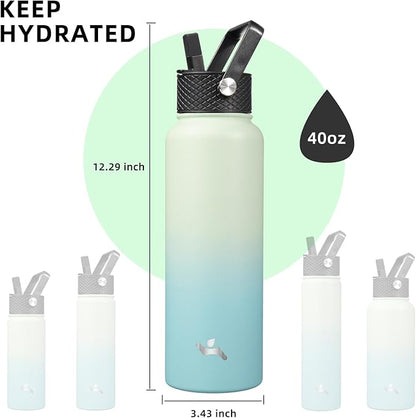 40oz Insulated Water Bottle Stainless Steel Sport Bottles with 3 Lids,Mint