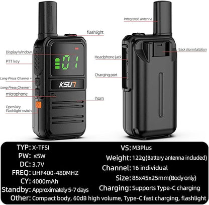 2 Pack Long Distance Walkie Talkies Portable FRS 4000mAh Rechargeable 16 Channel M3Plus