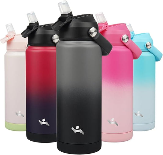 Insulated Water Bottle with Straw Lid,24 oz Stainless Steel Vacuum Metal Bottle with Silicone Handle,Gray Black