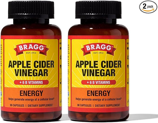 Bragg Energy Apple Cider Vinegar Capsules with B-12 Vitamins - 90 Capsules (2 Pack) – Weight Management - Non-GMO, Vegan, Gluten Free - Helps Generate Energy at Cellular Level for Men and Women