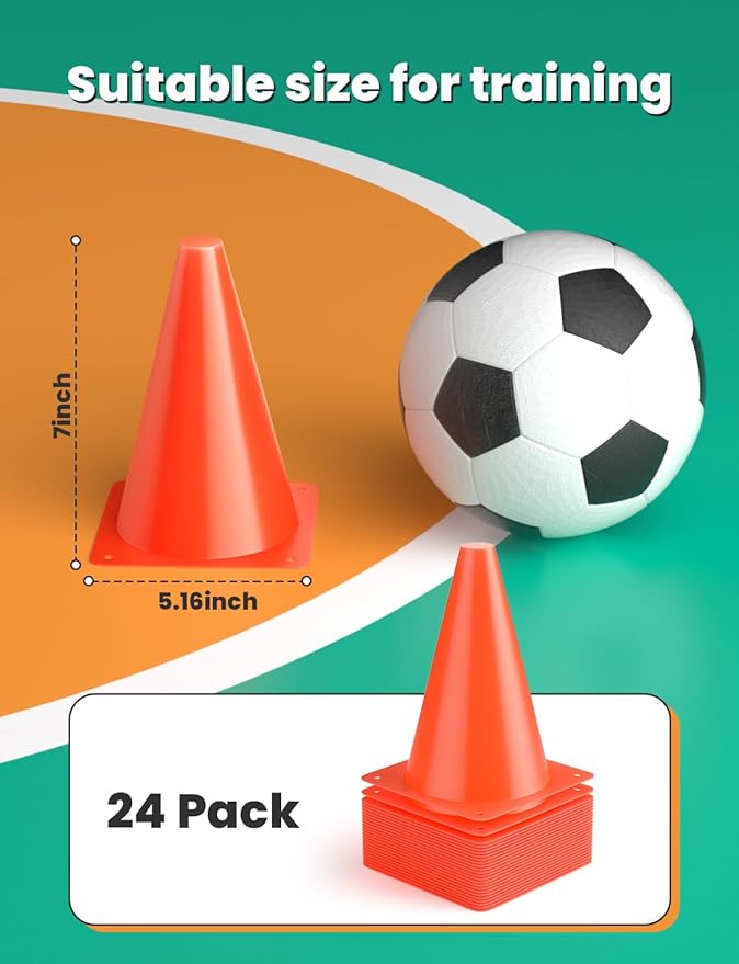 GHB Soccer Cones 7" 9" of 12 24 Pack Disc Soccer Sport Cones Training Field Marker Agility Cones for Basketball, Coaching, Practice Equipment Includes Drills Guide