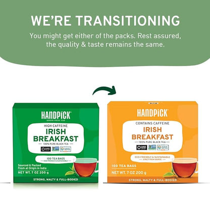 HANDPICK, Irish Breakfast Black Tea Bags (100 Count) Gluten-Free, Non-GMO | Strong, Robust & Bold Flavor | Round Eco-Conscious Tea Bags