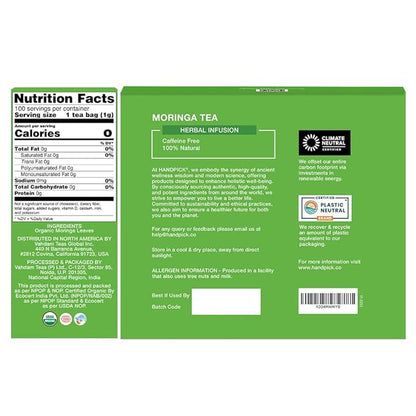 HANDPICK, Organic Moringa Tea Bags (100 Count), Pure Moringa Leaves | Authentic Indian Origin | Caffeine Free, Non GMO | Earthy, Light & Refreshing | Round Eco-conscious Teabags