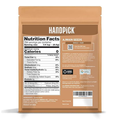 HANDPICK Ajwain Seeds (397g/14oz) Whole Carom Seeds | Vegan, Gluten free, Non GMO | Raw Carom Bishops, Indian Origin | Packed in Resealable Ziplock Pouch