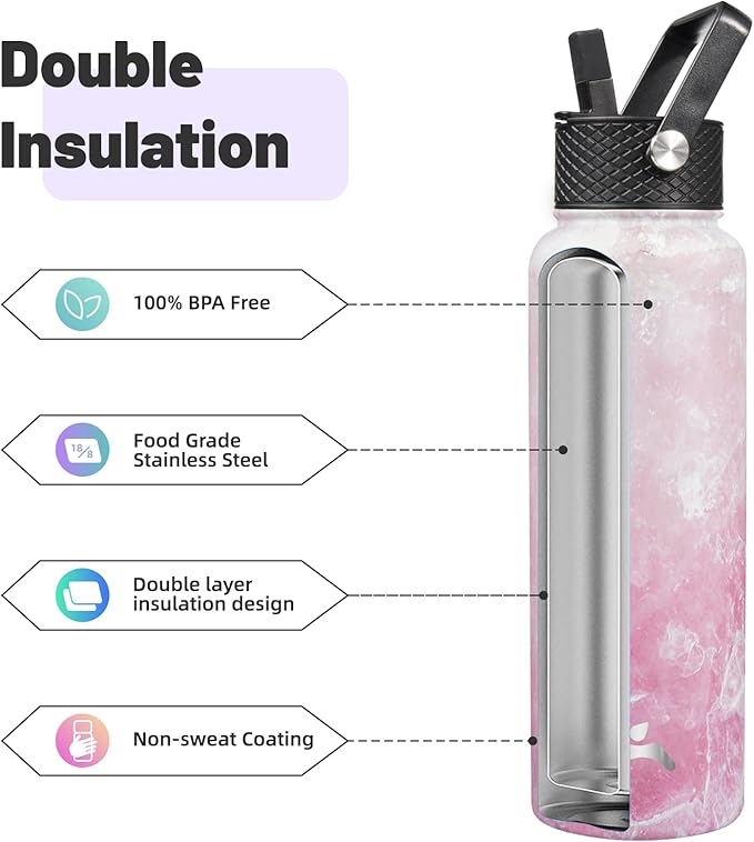 40oz Insulated Water Bottle Stainless Steel Sport Bottles with 3 Lids,Marble Blossom