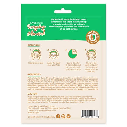 FACETORY K Beauty Face Mask Skin Care - Everyday ALMOND Skin Strengthening Sheet Mask | Plant-Based with Sweet Almond Oil (10 Pack)