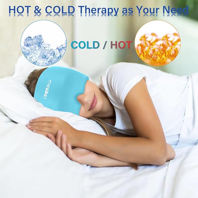 iTHERAU Migraine Relief Cap, Soothing Headache Hat, Gel Ice Pack Head Wrap with Hot and Cold Therapy, Headache Relief Cap for Sinus, Puffy Eyes, Tension and Stress Relief Blue