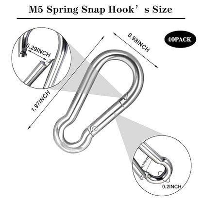 40 PCS 2'' Spring Snap Hook Carabiner, M5 3/16 Inch Galvanized Silver Steel Small Carabiner Clip, 220LBS Holding Capacity Quick Link Clip Keychain for Hammock Dog Leash & Camping Gym
