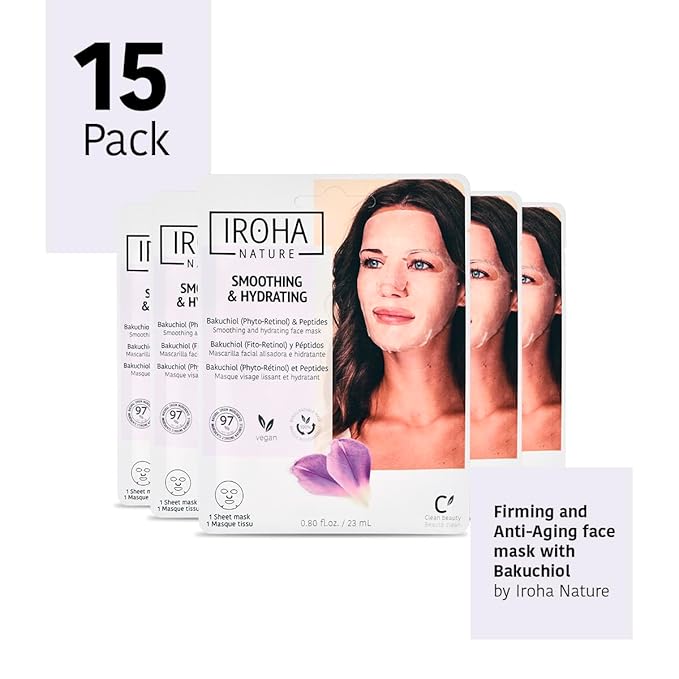 IROHA NATURE Firming & Anti-Aging Tissue Face Mask with Phyto Retinol (Bakuchiol) & Peptides (Pack of 15) | Improves Firmness & Elasticity | Results in 15 Minutes | Cruelty-Free
