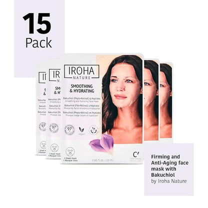 IROHA NATURE Firming & Anti-Aging Tissue Face Mask with Phyto Retinol (Bakuchiol) & Peptides (Pack of 15) | Improves Firmness & Elasticity | Results in 15 Minutes | Cruelty-Free
