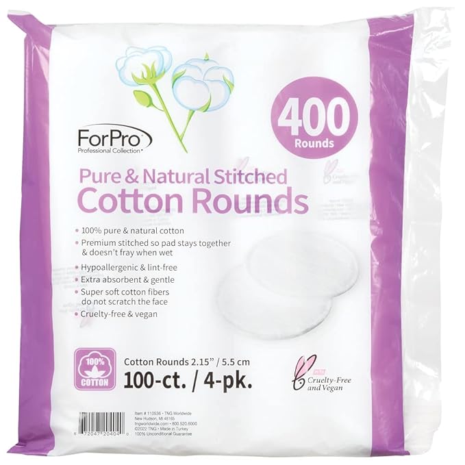 ForPro Pure & Natural Stitched Cotton Rounds for Face (400-Count), 100% Pure Cotton Makeup Remover Pads, Hypoallergenic, Lint-Free, Vegan & Cruelty-Free, Pack of 4-100 Cotton Pads